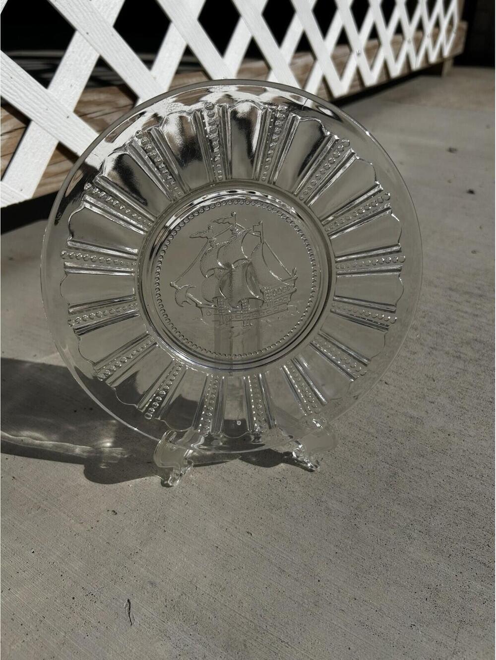 Vintage Clipper Sailing Ship Glass Plate & Stand Clear  250 USA Anniversary